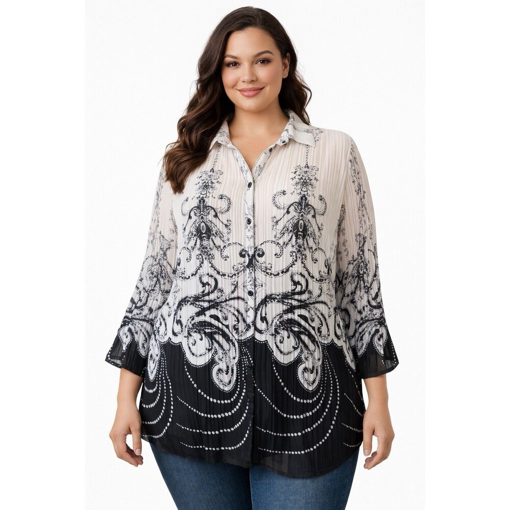 Studio 1940 Women’s Blouse Plus 22/24 Black White Paisley Pleated Classic Office